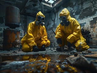 Emergency response specialists for radioactive and chemical leaks, wearing protective suits, work in an old room, Sewer, Basement, factory, at the disaster site.