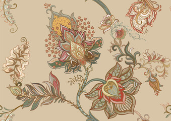 Wall Mural - Fantasy flowers in retro, vintage, jacobean embroidery style. Seamless pattern, background. Vector illustration.