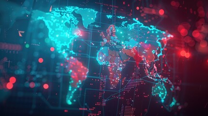 Wall Mural - Holographic overlay on cybersecurity world map with neon blue and red highlighted regions. Cybersecurity map