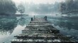 © AkuAku - The forlorn scenery of the aged pier by the lake surrounded by fractured planks meandering towards the tranquil waters with a woodland backdrop