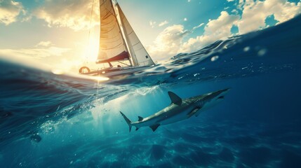 Poster - Sailing boat above and sea shark beneath underwater in sea.