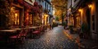 © Graphic Warrior - Cozy traditioanal european city small town walk path street with many tables and chairs restaurants background