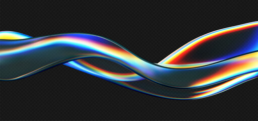 3d crystal glass liquid wave with refraction and holographic effect isolated on dark background. ren