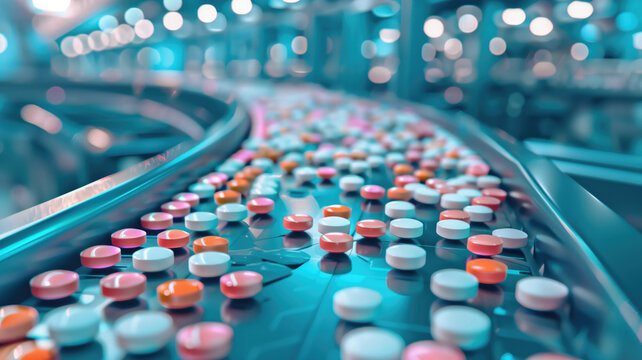 Pharmaceutical Industry's State-of-the-Art Factory with Pills on Conveyor, generative ai