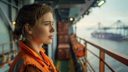 Woman in a cargo hat and reflective vest standing on the deck of an oil rig that she works on.