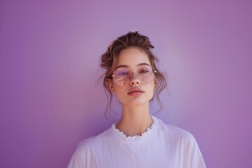 Wall Mural - Woman with pink round sunglasses and white blouse against purple wall. Studio portrait photography. Fashion and pastel aesthetics.