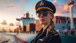 © Lithographica - Blonde female cargo container ship captain standing proudly in front of her ship while wearing her uniform and aviator sunglasses at sunset.