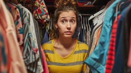 A woman with surprised expression peeks out from behind a wall of clothes hanging in a closet.