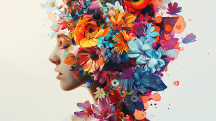 Wall Mural - Portrait of a woman with lots of flowers. Abstract trendy art paper collage design. Generative AI