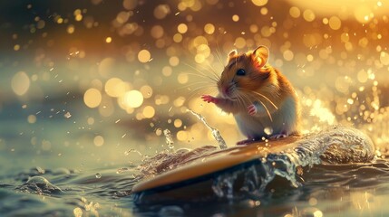 Wall Mural - A hampster surfing with high tide with water splashes