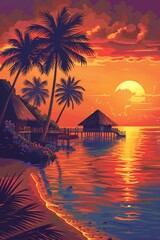 Wall Mural - Vector illustration of beautiful scenic landscape of tropical sea beach.