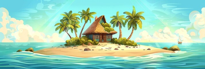 Wall Mural - Vector illustration of beautiful scenic landscape of tropical sea island with palm tree and house