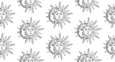 Wall Mural - Seamless pattern. Sun and moon together. Linear illustration. With a human face. Graphic arts. Fairytale wallpaper.