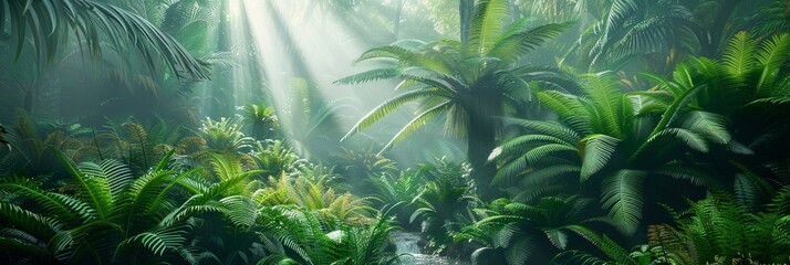 Wall Mural - deep tropical rainforest with green plants, moss, ferns.