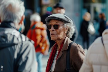 Wall Mural - Portrait of an elderly woman walking in the city. Portrait of an old woman with gray hair and sunglasses.
