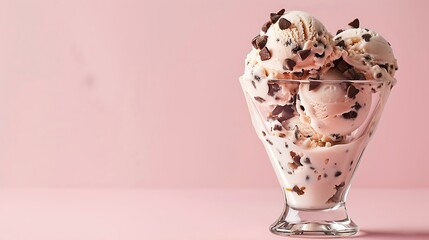 Wall Mural - Chocolate chip ice cream in glass pink background