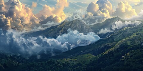 Wall Mural - clouds over a mountain valley