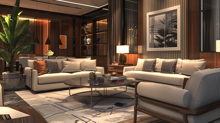 A 3D rendering of a modern living room interior with a set of contemporary furniture