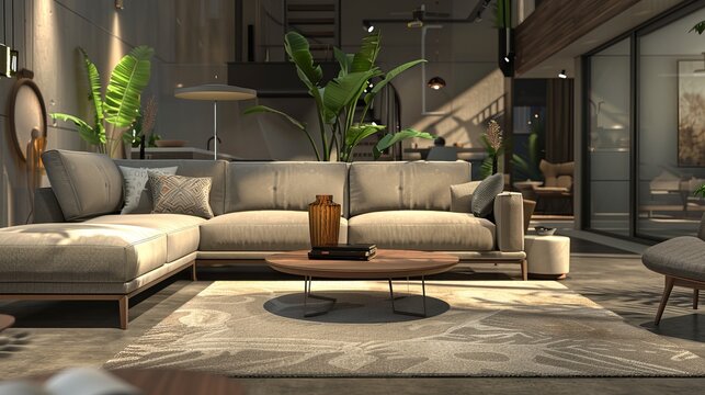 A 3D rendering of a modern living room interior with a set of contemporary furniture