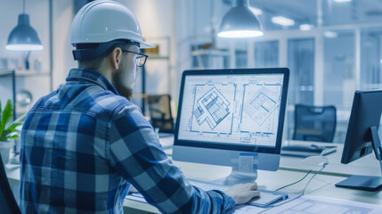 Engineer working diligently at a computer, reviewing architectural blueprints in a modern, industrial-style office.