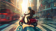 © VK Studio - A motorcyclist rides a red scooter through a bustling city at sunset, capturing the urban energy and golden light.