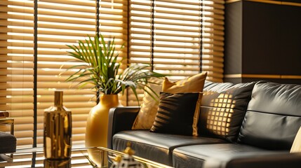 Wall Mural - Close-up of gold wooden Venetian blinds in a living room with black and gold leather furniture, presented in a minimalist style