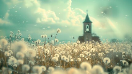 Wall Mural - Scenic view of church in countryside with dandelions and rural scene.