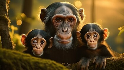 Wall Mural - A mother chimpansee and baby's 