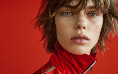 A woman with green eyes and brown hair is wearing a red jacket. She is standing in front of a red background