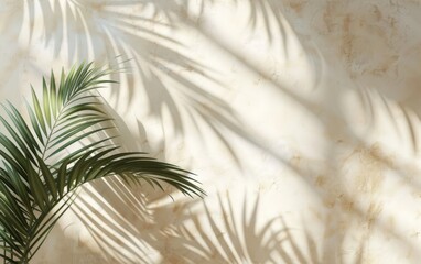 Wall Mural - A palm tree casts a shadow on a wall. The shadow is long and thin, stretching across the wall. Concept of calm and relaxation