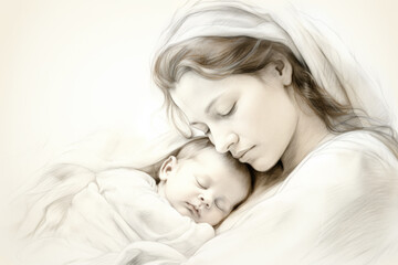 Wall Mural - Portrait of Mary with Baby Jesus Graphic Illustration
