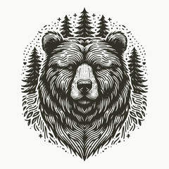 Wall Mural - Bear illustration with engraving style