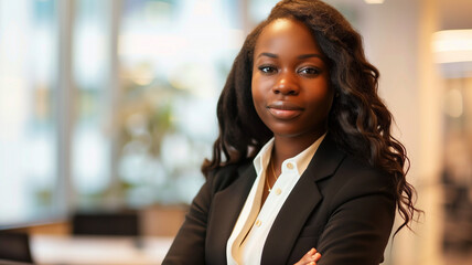 Wall Mural - Confident young African-American female lawyer looking at the camera with a modern office backdrop.