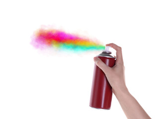 Canvas Print - Man spraying colorful paint on white background, closeup