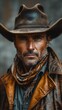 © ME_Photography - A close-up portrait of a rugged cowboy wearing a brown leather jacket, a patterned bandana, and a wide-brimmed hat. He stares directly at the viewer with a serious expression.
