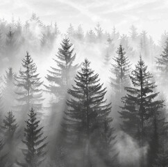 Cool and beautiful posters, conifers in the shining forest, black and white, fresh scenery 