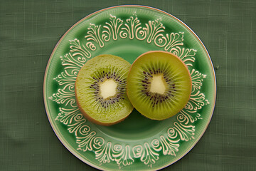 A photo taken from above captures a kiwi cut in two and presented on a plate against a green background