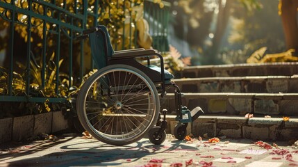 Poster - A wheelchair sits at the base of stairs, ready for use