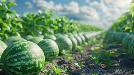 Wall Mural - A field of ripe watermelons growing in a sunny day, with green leaves and vines