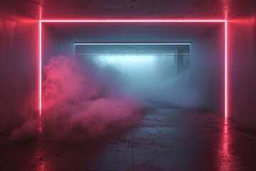 Wall Mural - A dark room illuminated by a red neon frame