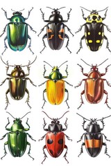 Wall Mural - A close-up shot of various colored beetles on a white background