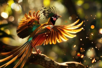 Poster - A colorful bird spreads its wings on a tree branch, ready to take flight