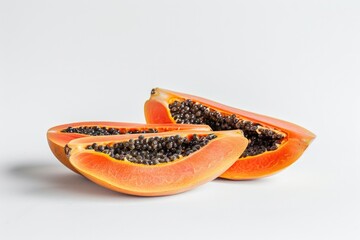 Wall Mural - Fresh papaya halves placed on a clean white surface for photography or illustration