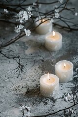 Sticker - A group of three lit candles sitting on top of a table, perfect for decorating or adding ambiance to a room