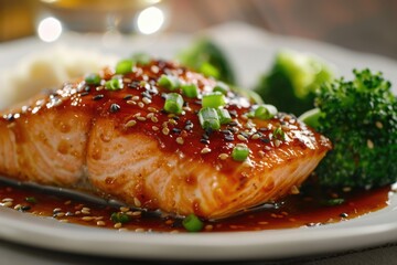 Wall Mural - A healthy serving of grilled salmon and steamed broccoli on a white plate, perfect for a quick lunch or dinner