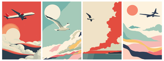 Wall Mural - abstract summer poster set. airplane seagull clouds sky sun. minimalistic style. concept of travel, 