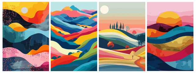 Wall Mural - abstract colorful landscape poster set. nature background. bright colors. hills and sun. contemporar