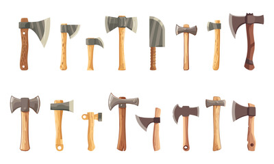 Poster - Axe set. Woodworking or lumberjack tools. Wood cuts. Medieval weapons. Design elements for logo, label, emblem. Vector clipart