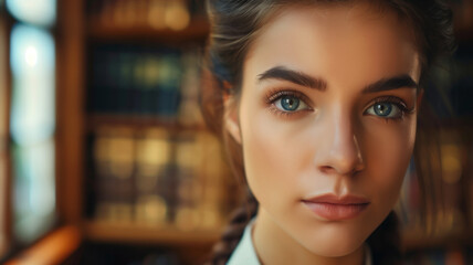 Wall Mural - Close up of a confident young female lawyer looking at the camera with a library office backdrop.