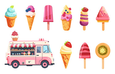 Sticker - Summer ice cream set. Popsicles fruit ice creams cones with different topping. Frozen yogurt truck. Tasty sweet summer desserts. Isolated vector collection